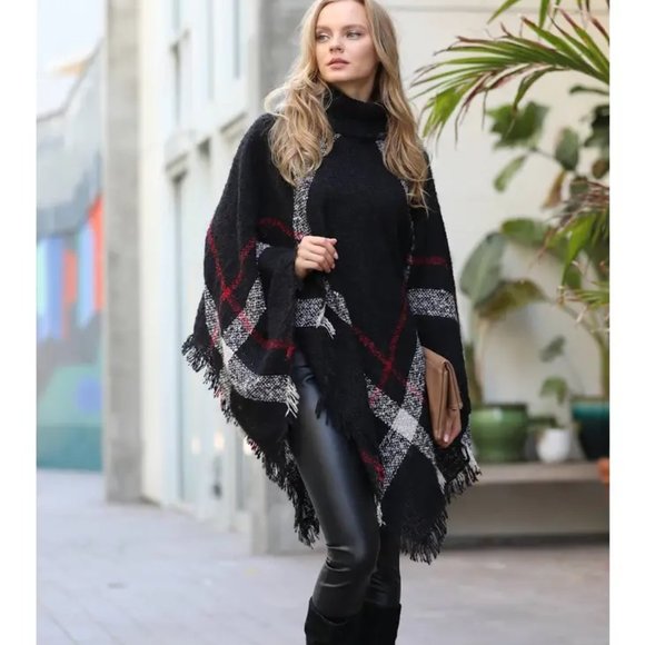 Paassion of Essence Sweaters - Cozy High Neck Plaid Pattern Poncho w/ Fringe